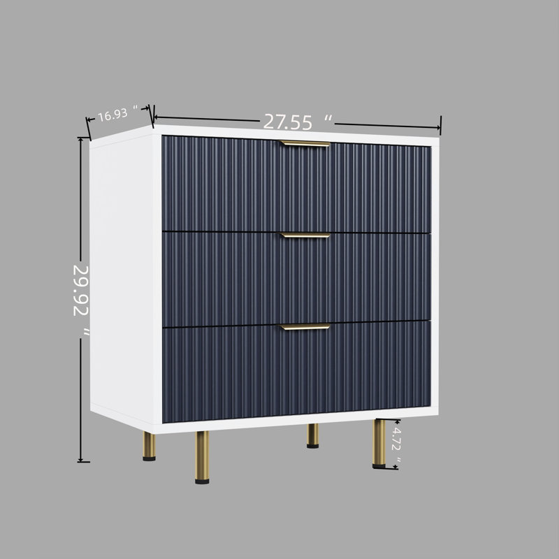 White And Navy Blue 3 Drawer Chest, Fluted , Spacious Drawers, Stable On Metal Legs, Suitable For Bedroom Decor Modern Wooden Dresser, Organizer, Wide Top, Smooth - Running Tall Legs