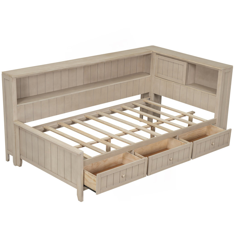 Lit de jour simple avec tablettes de rangement et 3 tiroirs, lit de jour moderne