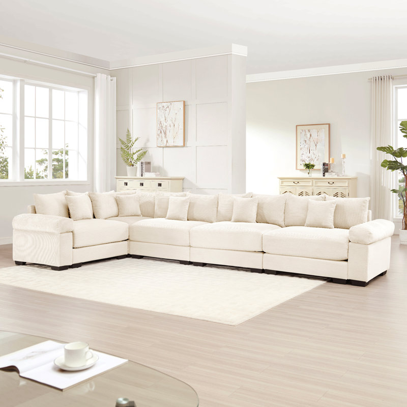 154.6" Oversized L-Shaped Corduroy Upholstered Sectional, Beige Corduroy
