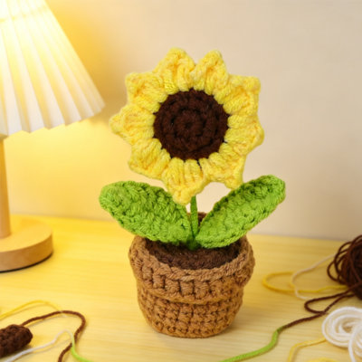 2 PACK Sunflower Potted Hand Knitted Crochet Flowers for Home Office Desktop (Set of 2)