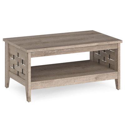 39.5” 2-Tier Coffee Table with Open Shelf Woven Decorations Storage for Living Room Rustic Oak