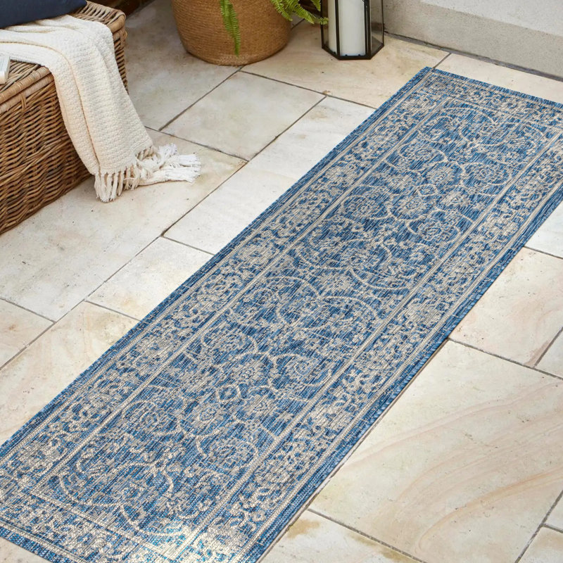 Tapis d'intérieur / d'extérieur tissé texturé bleu marine / gris Haupt, Tapis de couloir 2 pi 2 po x 10 pi