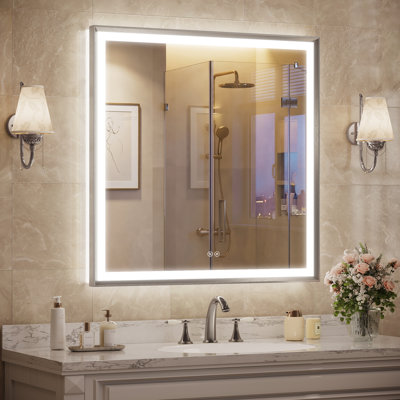 LED Bathroom Vanity Mirror, Anti-Fog Aluminum Frame Beveled Wall Mirror for Over Sink, Tempered Glass Backlit Mirror for Bathroom
