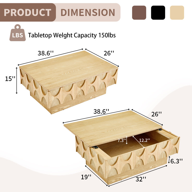 38.59"  Slide Top Coffee Table with Hidden Storage, Mid-Century Fluted Rectangle Center Table ,Natural, Natural