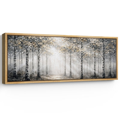 Foggy Forest Path Black and Gold Trees Landscape Wall Decor Extra Large Pictures Framed Canvas Print Wall Art