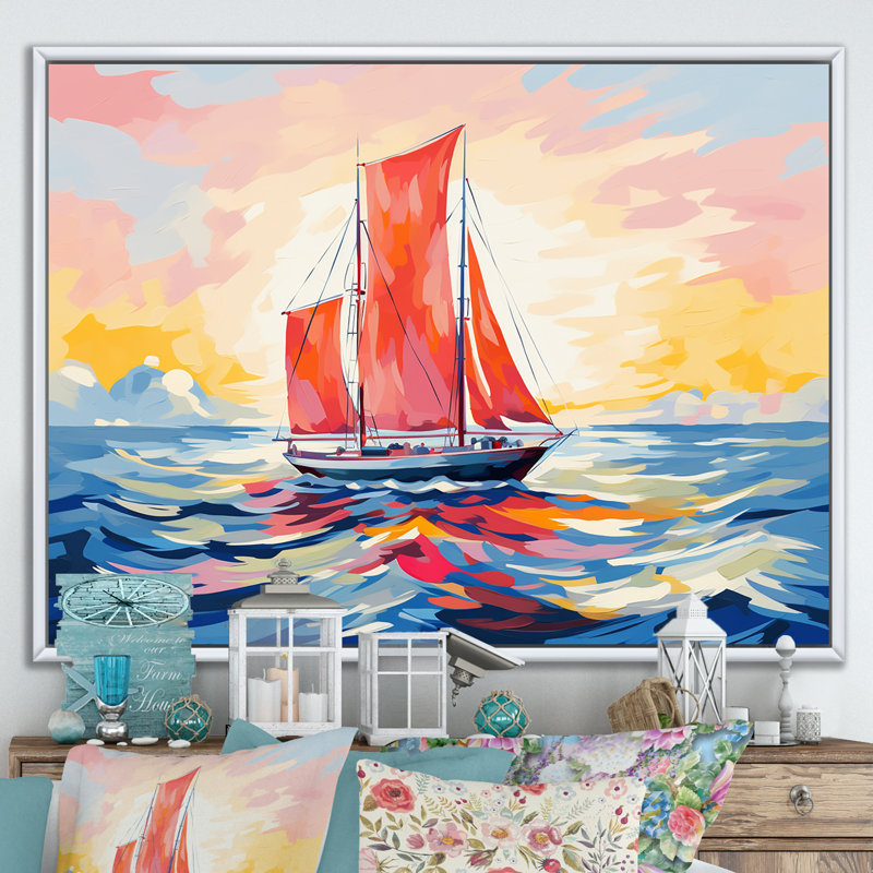 Coucher de soleil sur un bateau à voile III - bateau à voile, art mural, Cadre flottant blanc, H 24 po x l 32 po x P 1 po