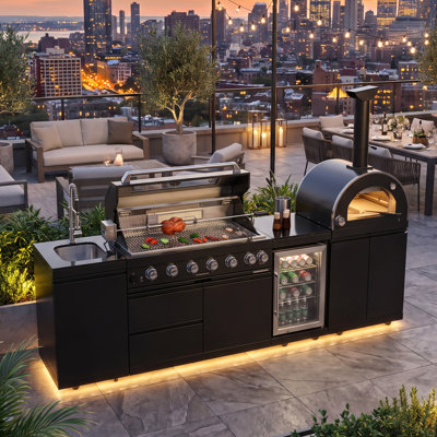 109-Inch Propane Gas Outdoor Kitchen Island Grill 120000 BTU Pizza Oven Refrigerator  Rotisserie