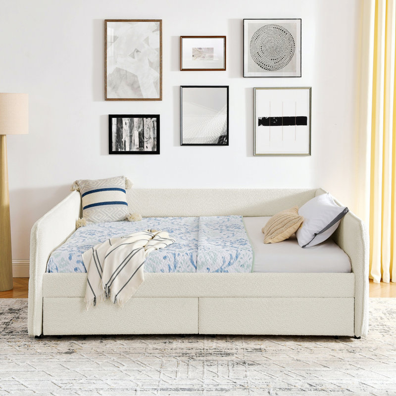 Lit de jour rembourré avec deux tiroirs, Beige