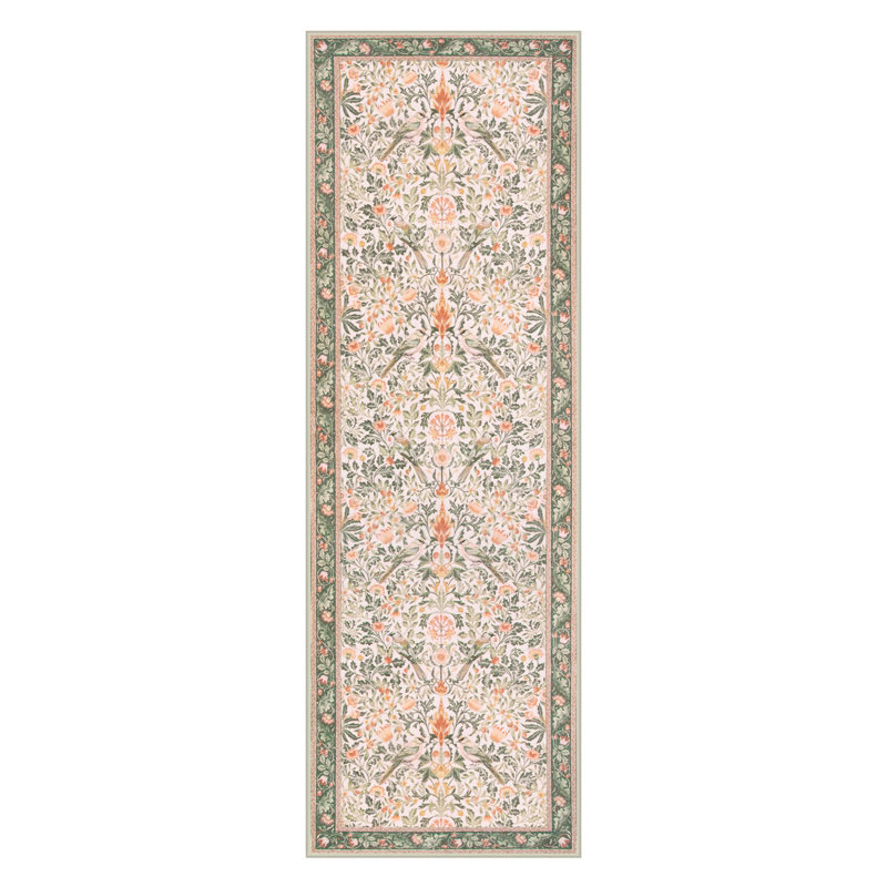 Vintage Botanical Bird-Print Machine-Washable Low-Pile Runner Rug with Non-Slip Backing, Runner 2' x 6'
