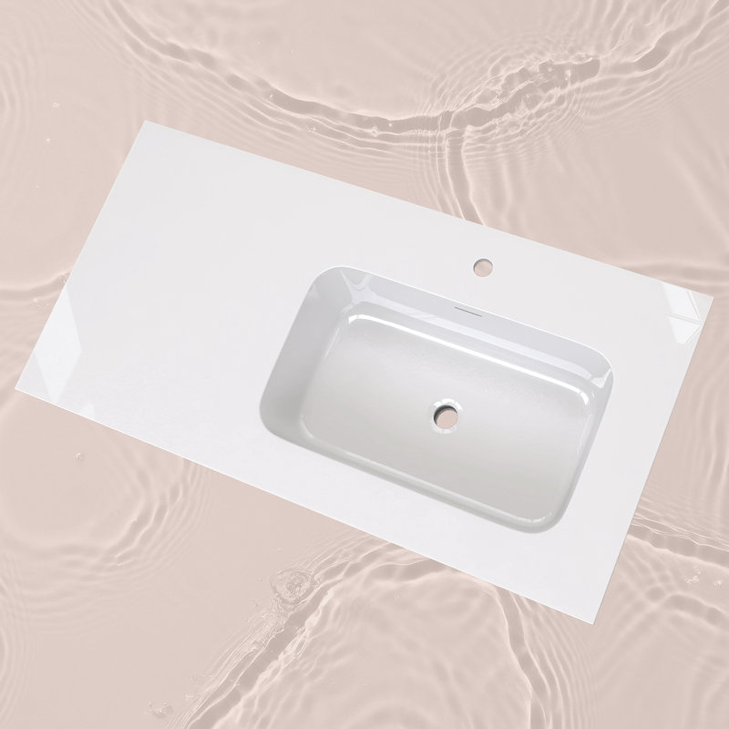 42 Inch Solid Surface Bathroom Vanity Top with Right side Integrated Sink, Slim 0.56" Thick Countertop, Bright White Modern Design, Lightweight & Easy Install