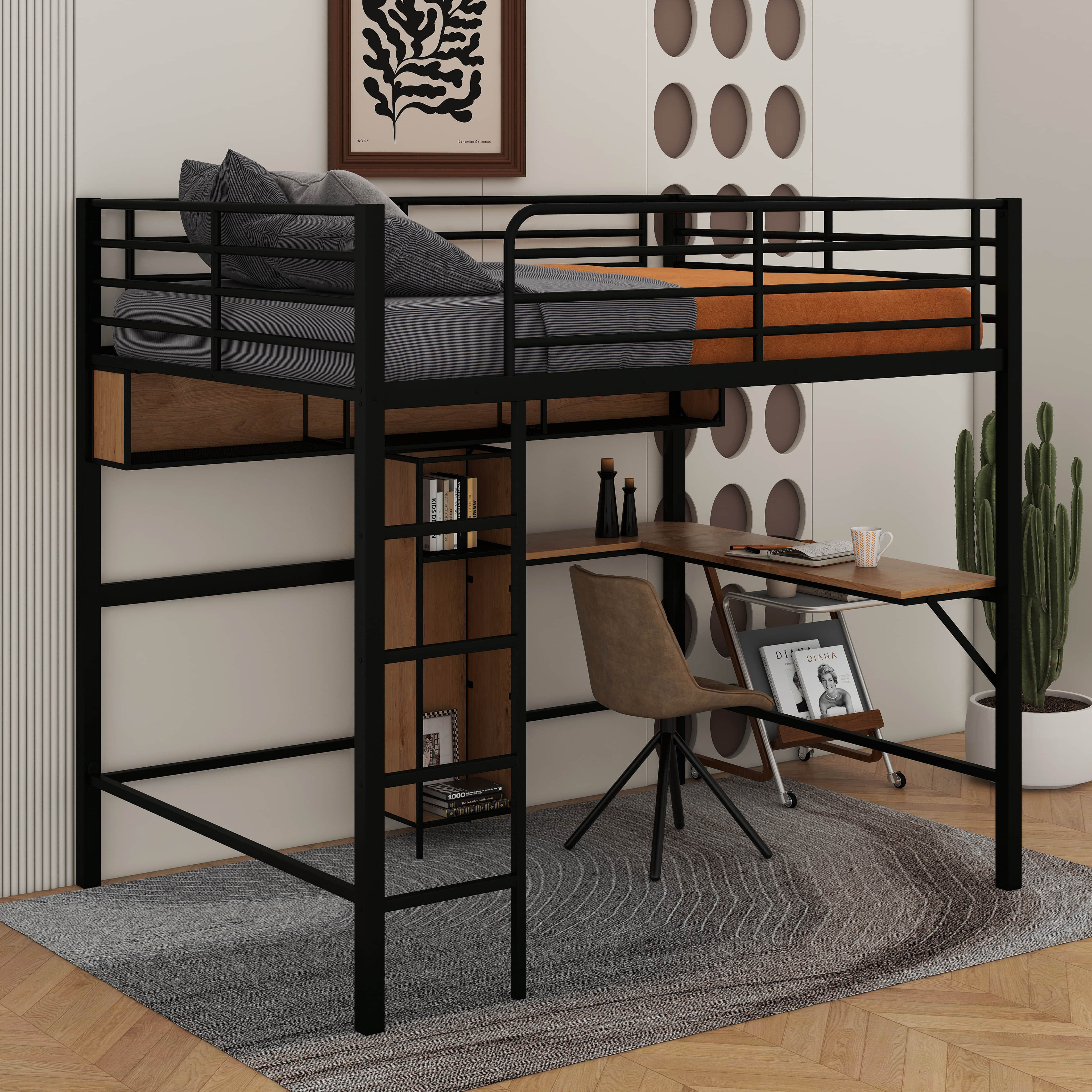 erlingerling Full Size Metal & Wood Loft Bed With L -Shaped Desk And ...