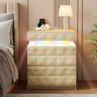 Diamond-Textured 2 - Drawers Bedside Table with Hidden Storage and Lockable, Modern Nightstand with Human Sensor Light