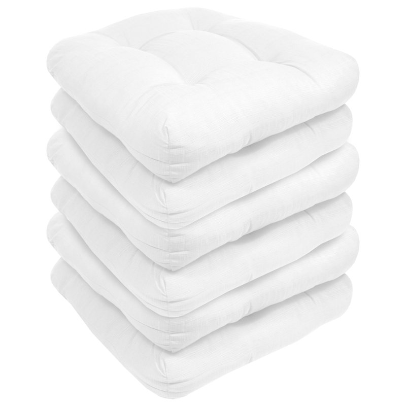 Marina Decoration Premium Thick Comfy Patio Seat Pads Fiber Fill Tufted Tie-Less Pillows 19 x 19 x 5 Inch Textured Solid Cover Indoor Outdoor Chair Cushions, 6 Count Pack White Color