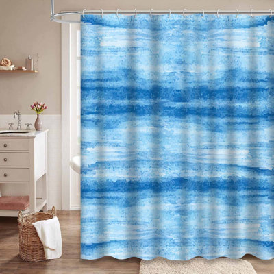 Watercolor Stain Painting Wavy Ocean Blue Shower Curtain with 12 Hooks