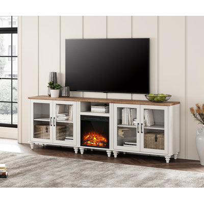 TV Stand For Tvs Up To, Home Entertainment Center With 18"" Electric Fireplace For 85/90/95 Inch TV,Large TV Console With 4 Glass Doors, White -  Alcott HillÂ®, 49B181AA034842D2B49D7E3867C23F33