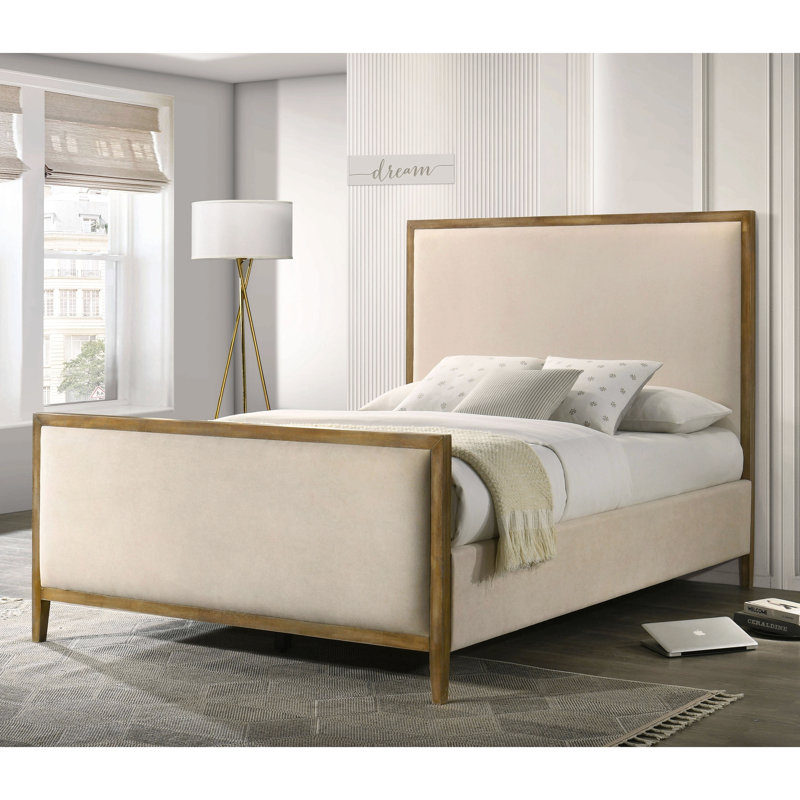 Natural Oak Queen Size Upholstered Panel Design Bed Wooden Trim Fabric Bedroom Furniture, King