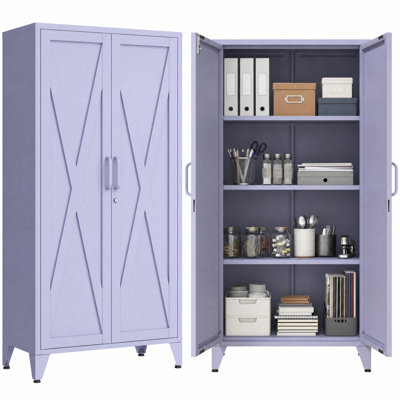 61" Tall Purple Farmhouse Metal Kitchen Pantry Cabinet, Lockable Freestanding Storage Cabinet with 2 X-Shape Metal Doors & 3 Adjustable Shelves, Cupboard with Legs for Home, Bedroom, Garage, Office