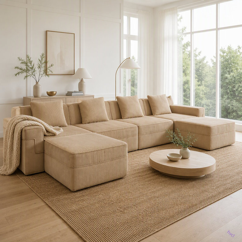 Canapé modulaire modulaire en forme de U sans siège à 4 places, canapé modulaire Cloud avec assise profonde, canapé modulaire moderne à 4 places avec coussins décoratifs et 2 repose-pieds amovibles, tissu en velours côtelé