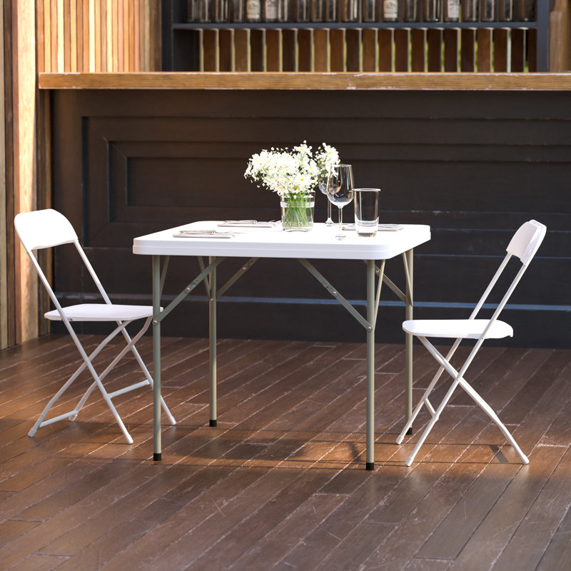 Elon 34.25'' Square White Plastic Folding Table with Gray Metal Frame