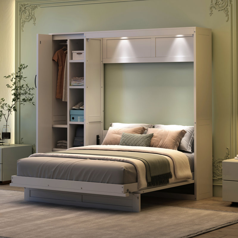 Lit avec tablettes, garde-robe et lumières à DEL rayonnantes - Gain de place pour le bureau à domicile, la chambre d'amis, la salle de sport, le mur blanc pleine grandeur, le bureau idéal et la finition de la pièce