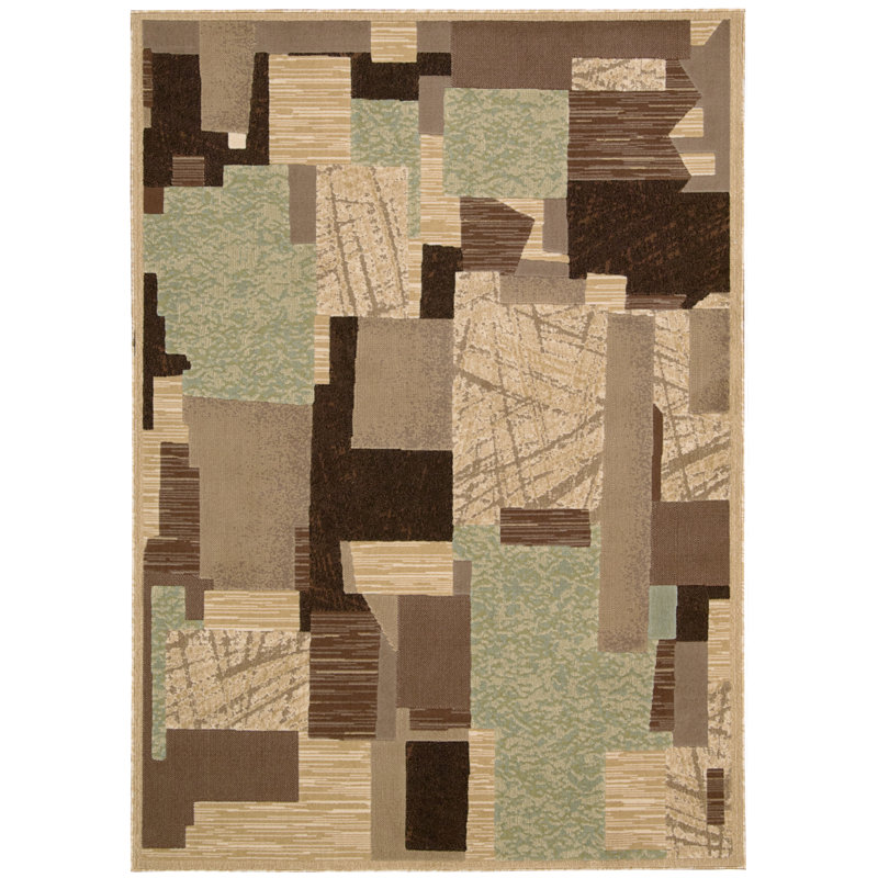 Tapis abstrait brun, vert et noir, Rectangle 7 pi 10 po x 10 pi 6 po