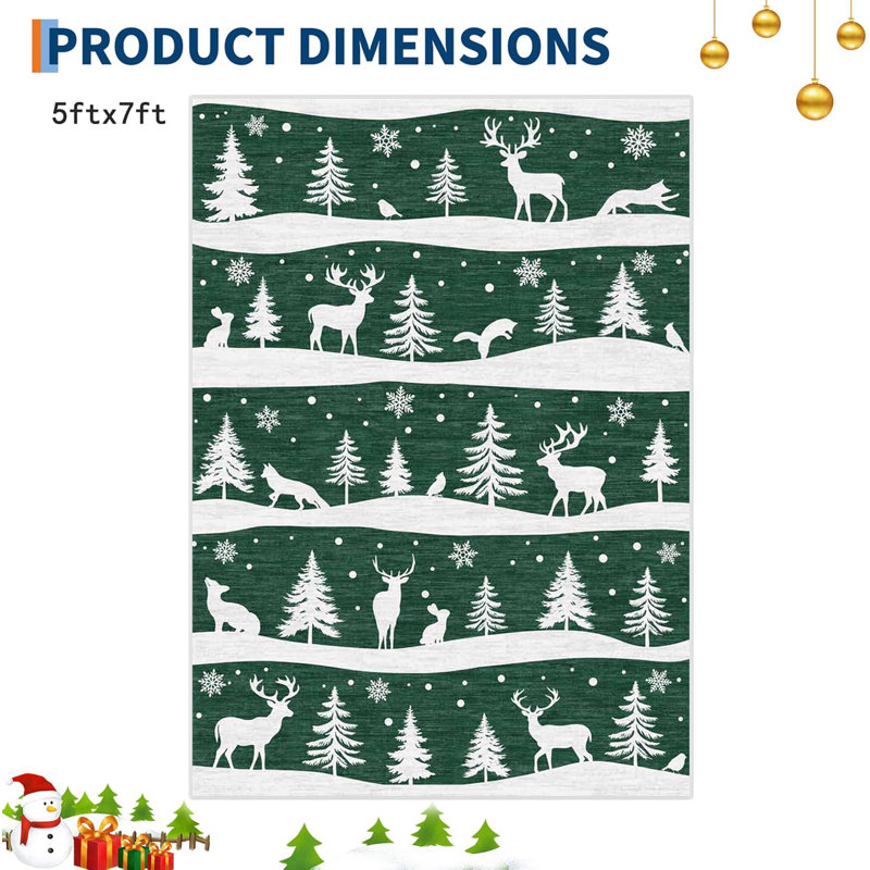 Christmas  Area Rug with Tree and Reindeer, Low Pile Non-Slip Washable Rug for Living Room Holiday Decor, Rectangle 5' x 7'