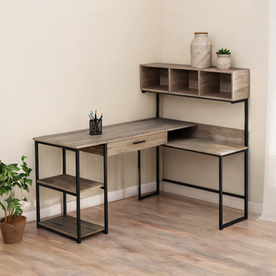L-Shaped Computer Desk with Storage Drawers and Hutch, 59 x 59, Warm Beige MDF and Black Metal, Corner Home Office Workstation