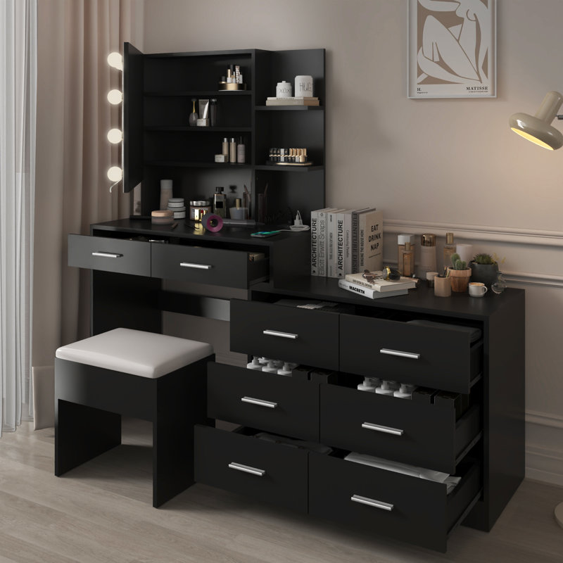 Ensemble de coiffeuse de maquillage avec lumières, prise USB et prise de courant et 8 tiroirs, Noir, noir, noir, noir