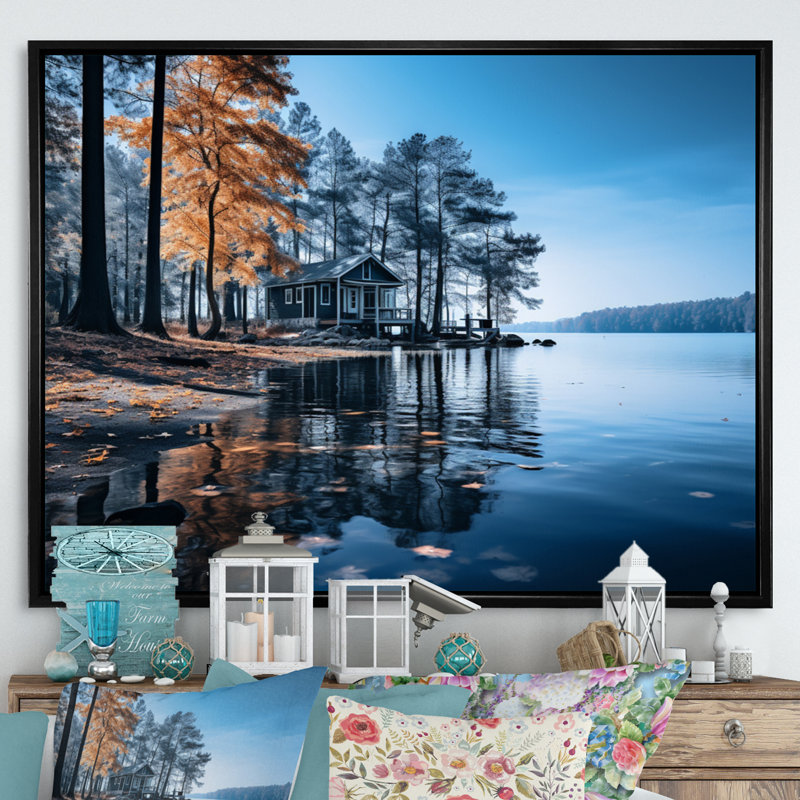 Lake Blue Lakeside Whispers - Lakes Lakehouse, art mural, H 24 po x l 32 po x P 1 po, Cadre flottant noir