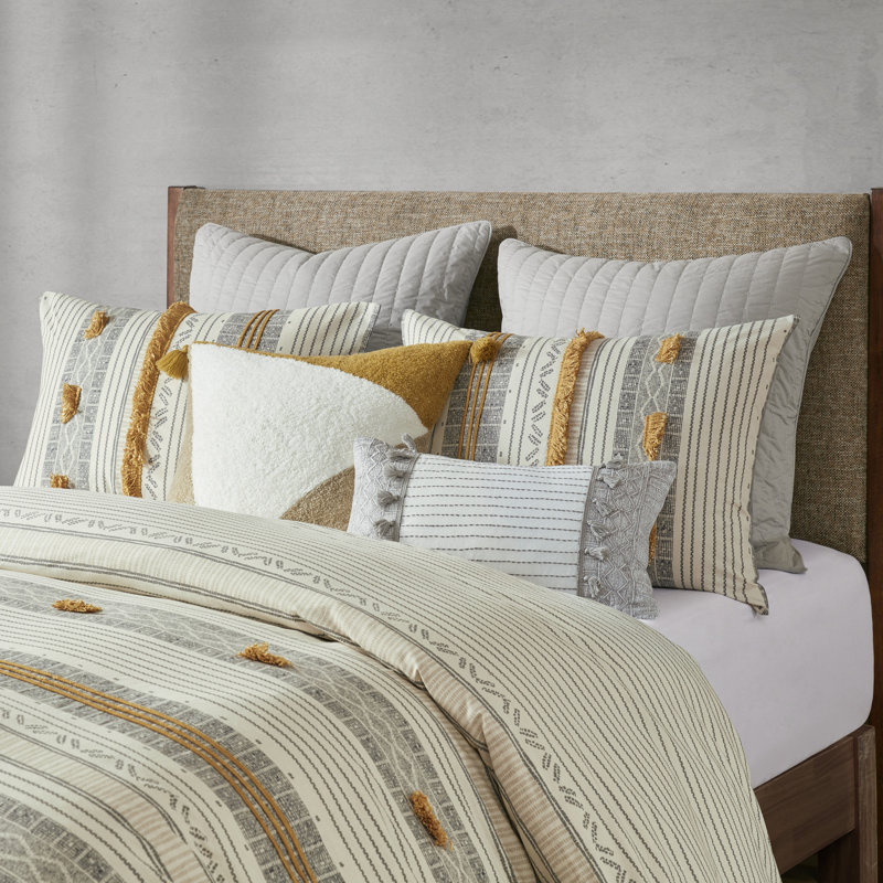 Cody Cotton 3 Piece Duvet Cover Set, Full/Queen Duvet Cover + 2 Standard Shams, Yellow/Gray/Ivory