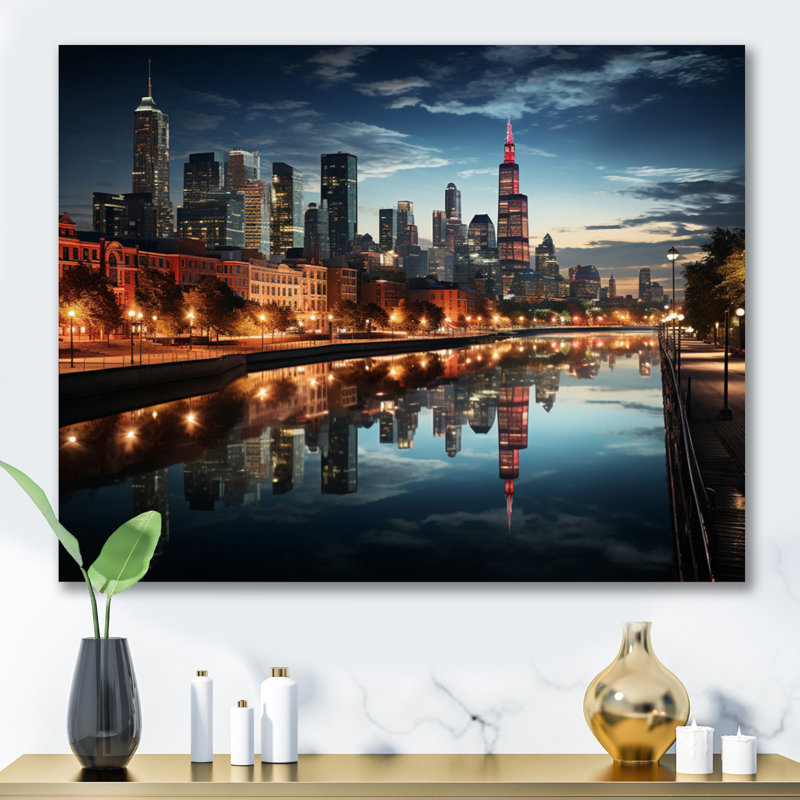 «Chicago Cityscape By Night I», reproduction sur toile, Toile tendue, H 34 po x l 44 po x P 1,5 po
