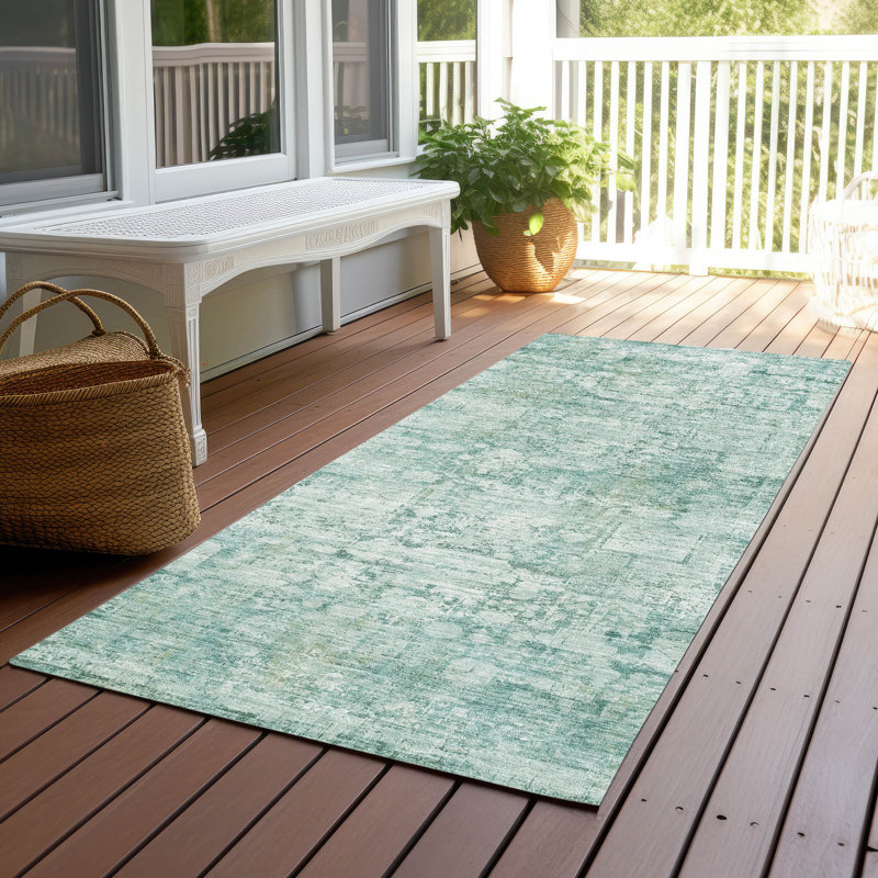 Tapis bleu sarcelle lavable à la machine intérieur / extérieur Xhevrie, Tapis de couloir 2 pi 3 po x 7 pi 6 po