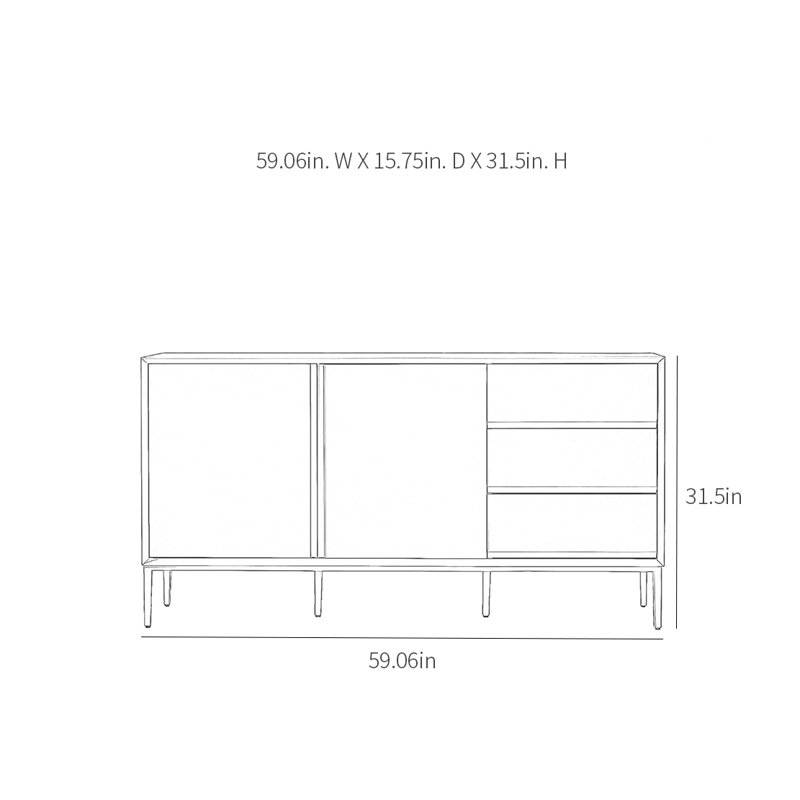 Buffet moderne avec 2 portes et 3 tiroirs, Bleu clair, H 31,5 po x l 59,06 po x P 15,75 po