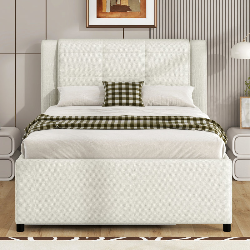 Lit double beige avec lit gigogne, revêtement de haute qualité, structure, bois de pin rembourré et assemblage facile, support à lattes, sommeil confortable