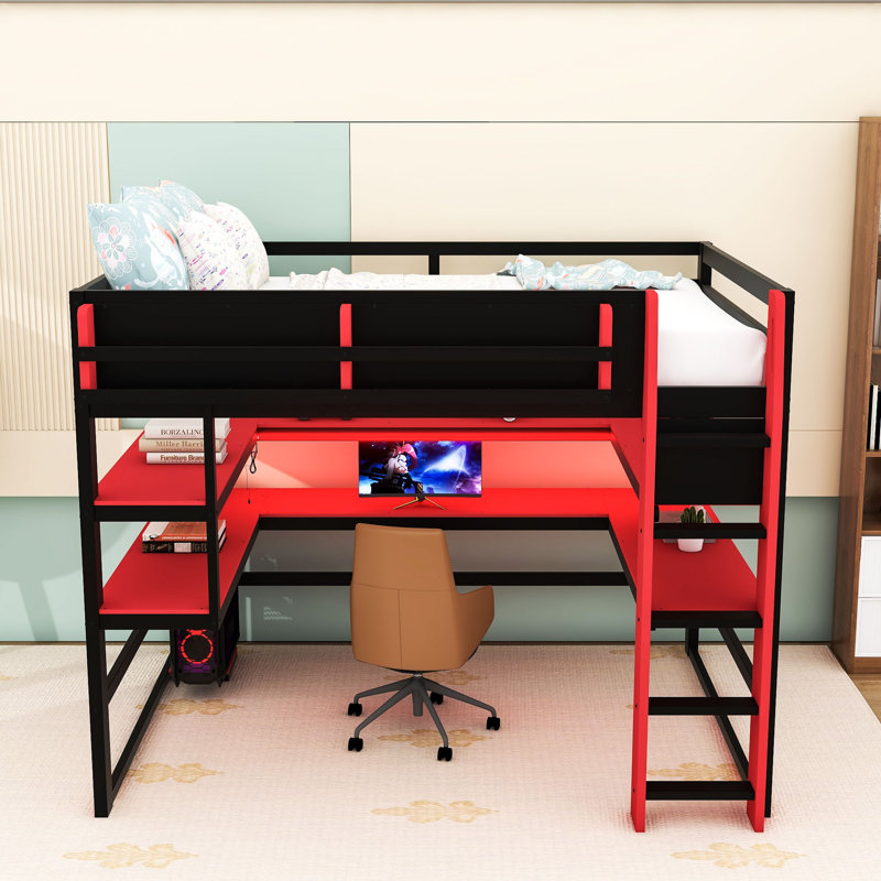 Lit mezzanine avec bureau, lumières RVB, support de rangement latéral et tablettes multiples, Rouge, Double