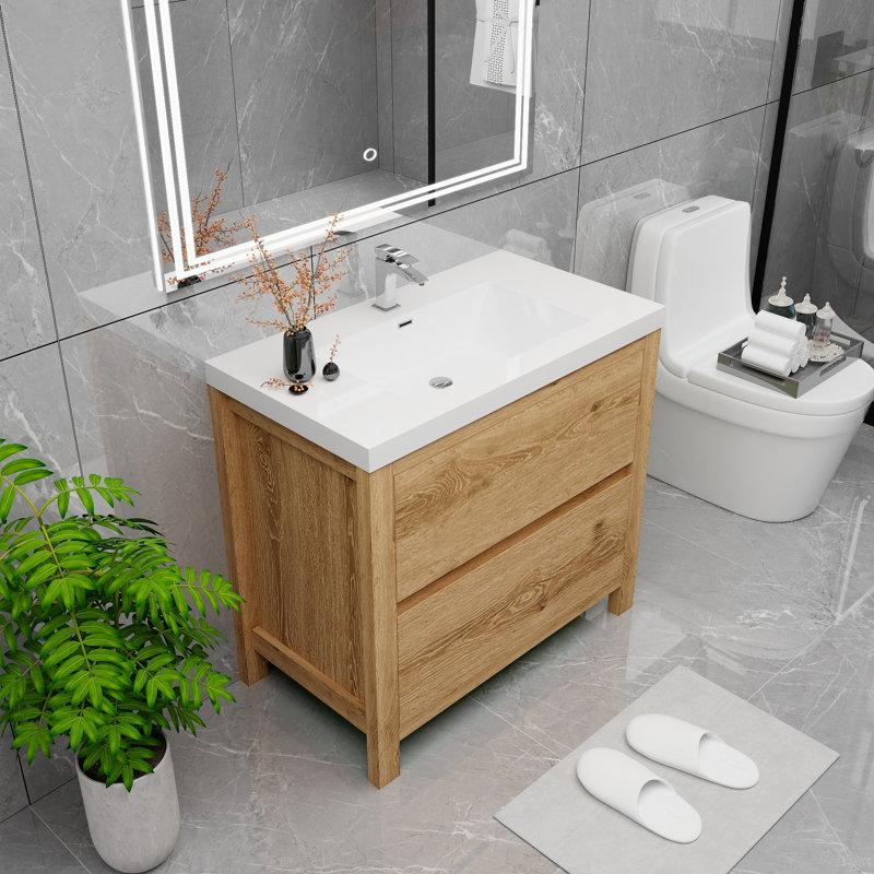 Meuble-lavabo simple 35,5 po avec plateau en acrylique Rosner, Bois jaune