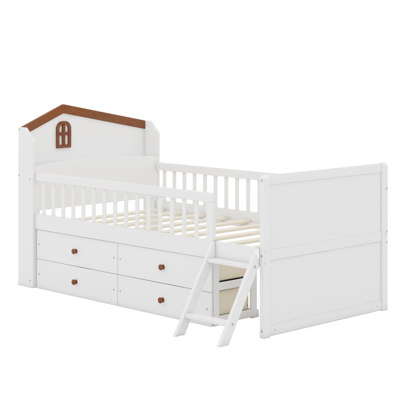 Cadre de lit avec rangement à 4 tiroirs, cadre de lit en bois pour enfants, lit plateforme avec tête de lit garde-corps et échelle