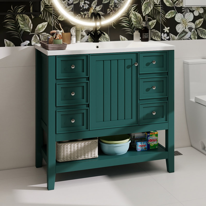 Meuble-lavabo 36 po avec lavabo, une armoire et trois tiroirs, bois massif et panneau de fibres à densité moyenne, vert, Vert