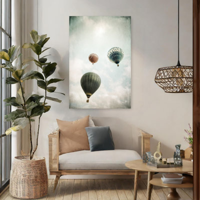 «Floating Hot Air Balloon Dreamy Peaceful Serene Summer Landscape», reproduction d'art mural