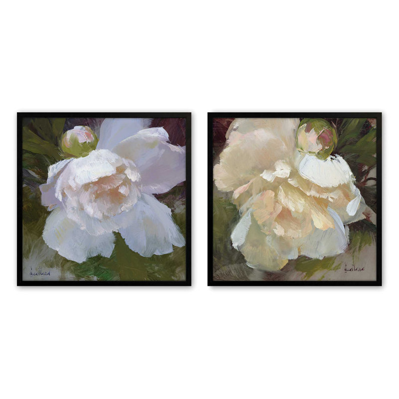 Ensemble de 2 impressions sur toile Graceful Peony Bloom, 16 po x 16 po, H 17,5 po x l 33,5 po x P 1,25 po, Cadre noir satiné
