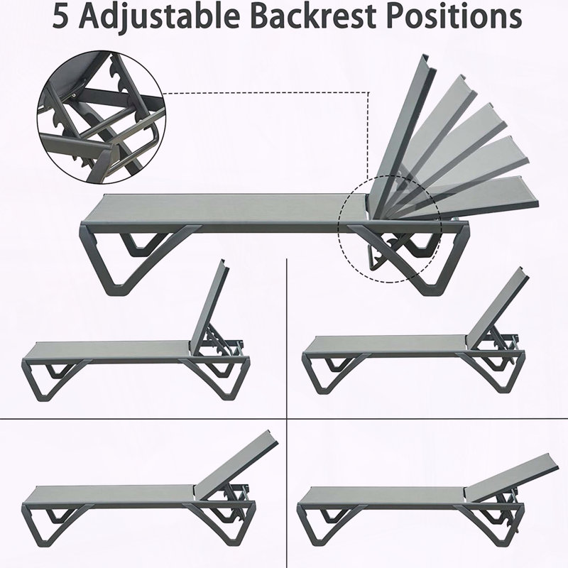 Set of 2 Aluminum Chaise Lounges with 5-Position Back, Gray