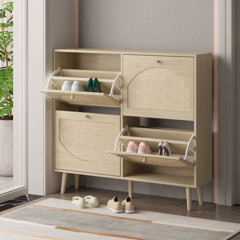Bostynn 4 Flip Drawers Rattan Shoe Cabinet Shoe Storage Organizer Unit, Natural/Gold