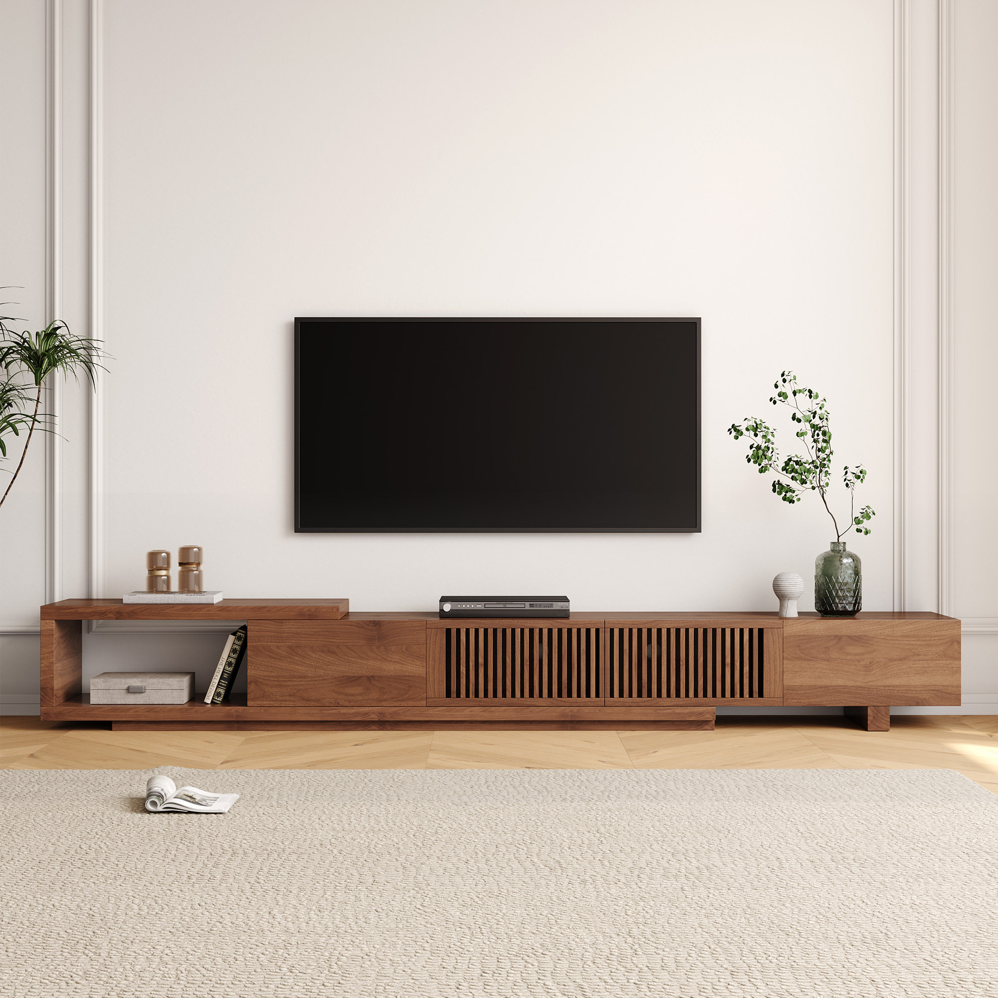 Modern TV Stand Retracted & Extendable 3-Drawer Media Console