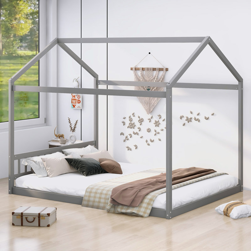 Grand lit en bois avec tête de lit, Gris