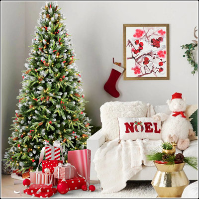 Realistic Pre-Lit Artificial Christmas Tree with Warm LEDs and Snow-Tipped Branches for Festive Holiday Home Decoration