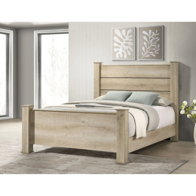 Grand lit à panneau avec finition en chêne patiné, poteaux carrés audacieux, lit de finition de chambre à coucher rustique, base solide de pieds de style colonne, élément décoratif