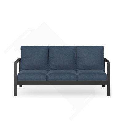 75" All-Weather Aluminum 3-Seat Patio Sofa With Thick Blue Cushions & Black Frame