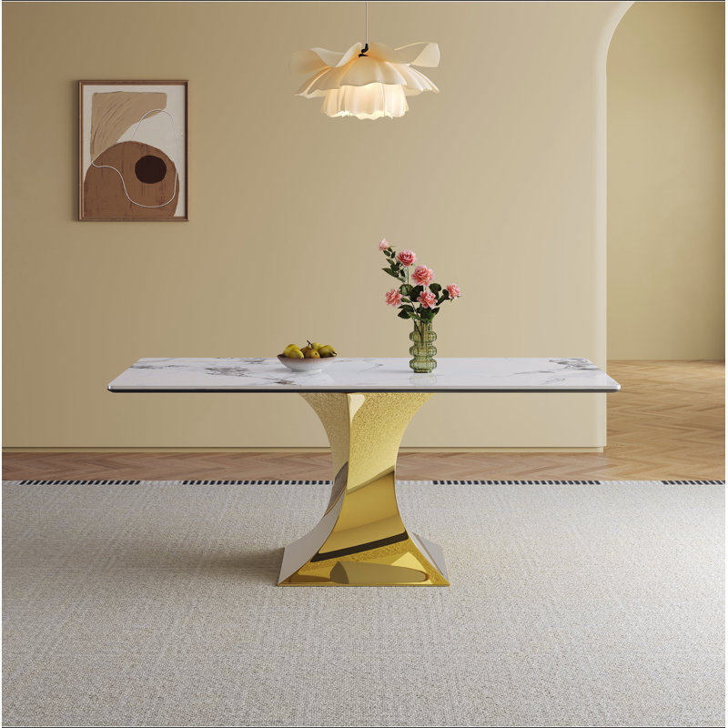 Table de salle à manger 71 "rectangulaire pour 6 à 8 personnes, table de cuisine moderne avec base en sablier plaquée or élégante, grande table de salle à manger - (table seulement)