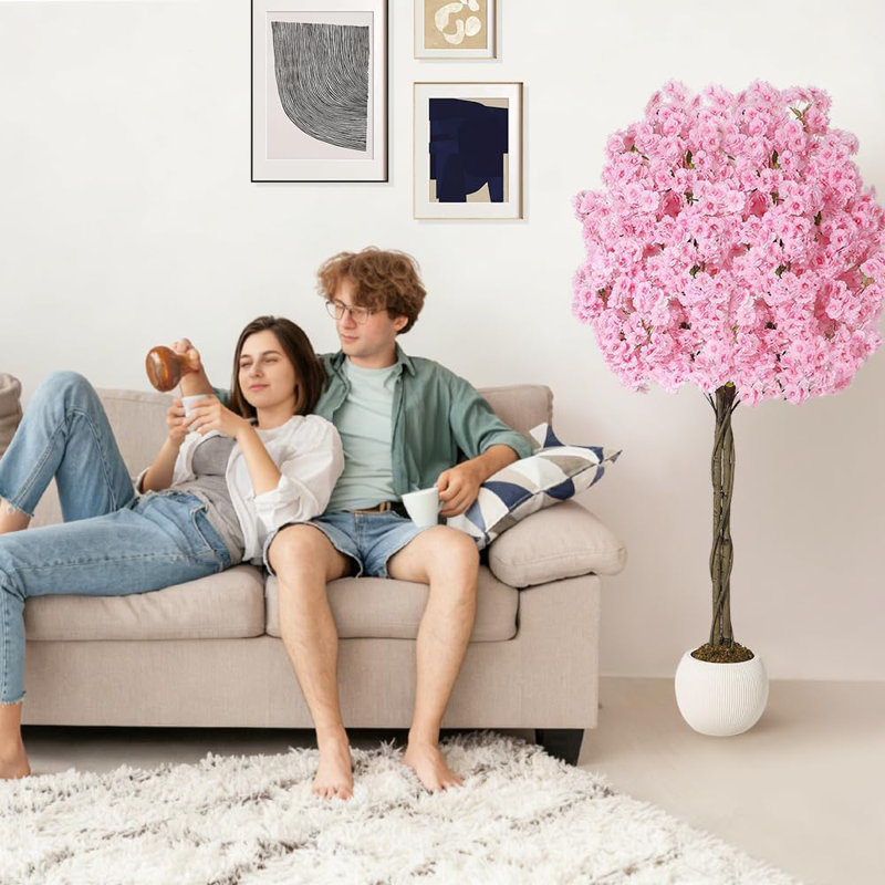 Arbre de fleurs de cerisier artificiel 6 pi, fleurs en soie rose, faux intérieur, 72 po x 7 po