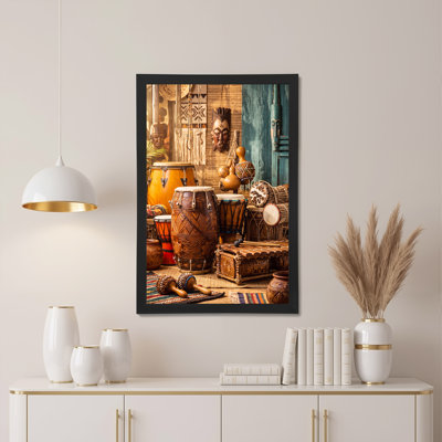 Carved Wooden Drums and Tribal Masks on Woven Mat Canvas Wall Art